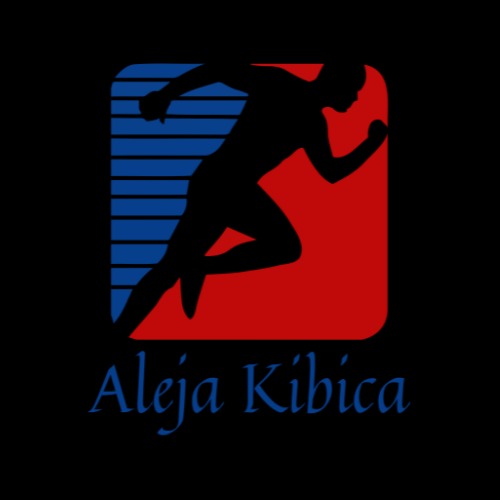Sylwetka biegacza w ruchu na logo firmy z niebiesko-czerwonym tłem i nazwą 'Aleja Kibica' napisaną niebieską czcionką.