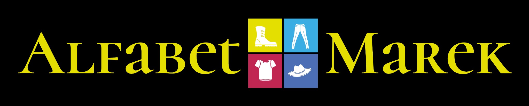Logo firmy odzieżowej Alfabet Marek z ikonami buta, spodni, koszulki i kapelusza na kolorowych kwadratach.