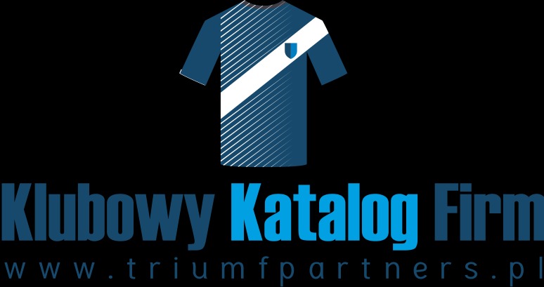 Grafika przedstawiająca logo 'Klubowy Katalog Firm' z ilustracją niebieskiej koszulki sportowej z białym pasem, na czarnym tle, z adresem strony internetowej triumfpartners.pl.