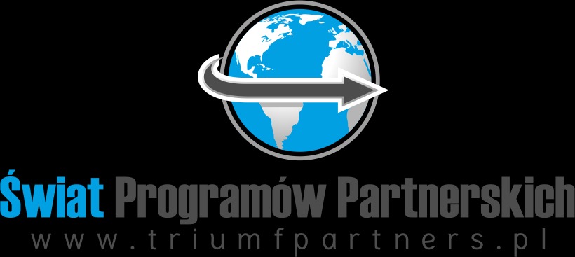 Logo firmy z globusem, strzałką i tekstem 'Świat Programów Partnerskich www.triumfpartners.pl' na czarnym tle.