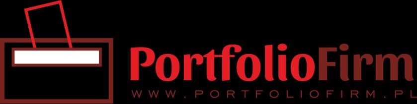 Graficzne logo firmy PortfolioFirm z czerwoną typografią i symbolem skrzynki na dokumenty na czarnym tle.