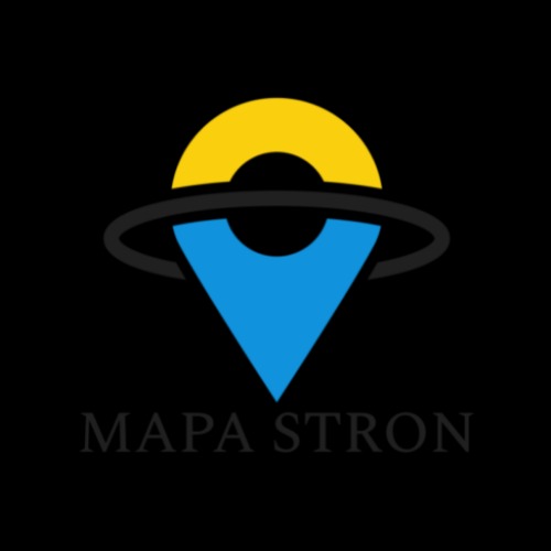 Logo Mapa Stron: niebieski znacznik lokalizacji z żółtym półokręgiem i czarną orbitą na czarnym tle.