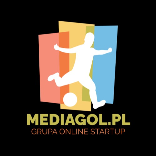 Logo firmy MEDIAGOL.PL z sylwetką piłkarza kopiącego piłkę na tle kolorowych prostokątów i napisem GRUPA ONLINE STARTUP.