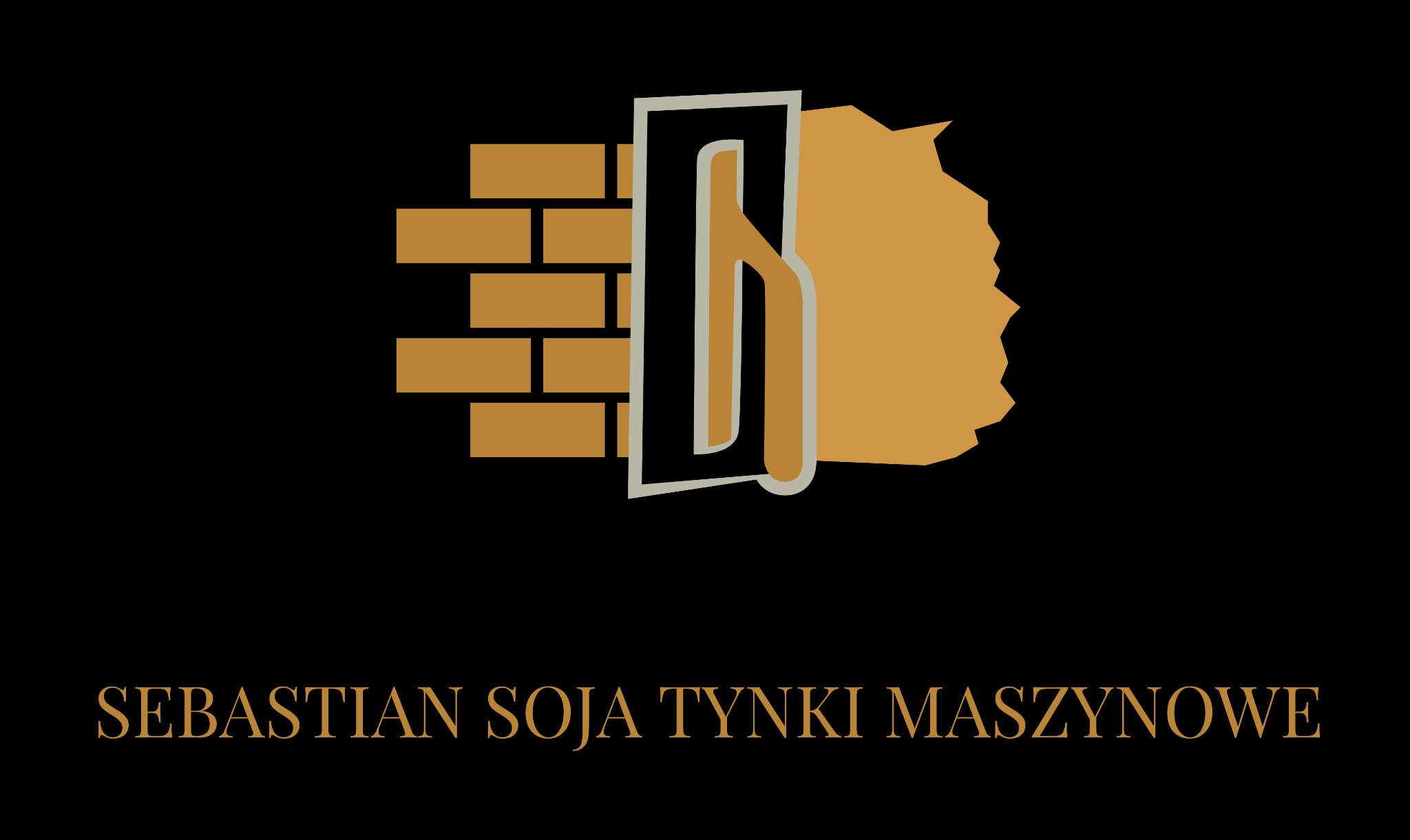 Logo firmy Sebastian Soja Tynki Maszynowe, przedstawiające mur z cegieł, kielnię i abstrakcyjny kształt przypominający nałożony tynk, wszystko w odcieniach brązu i beżu na czarnym tle.