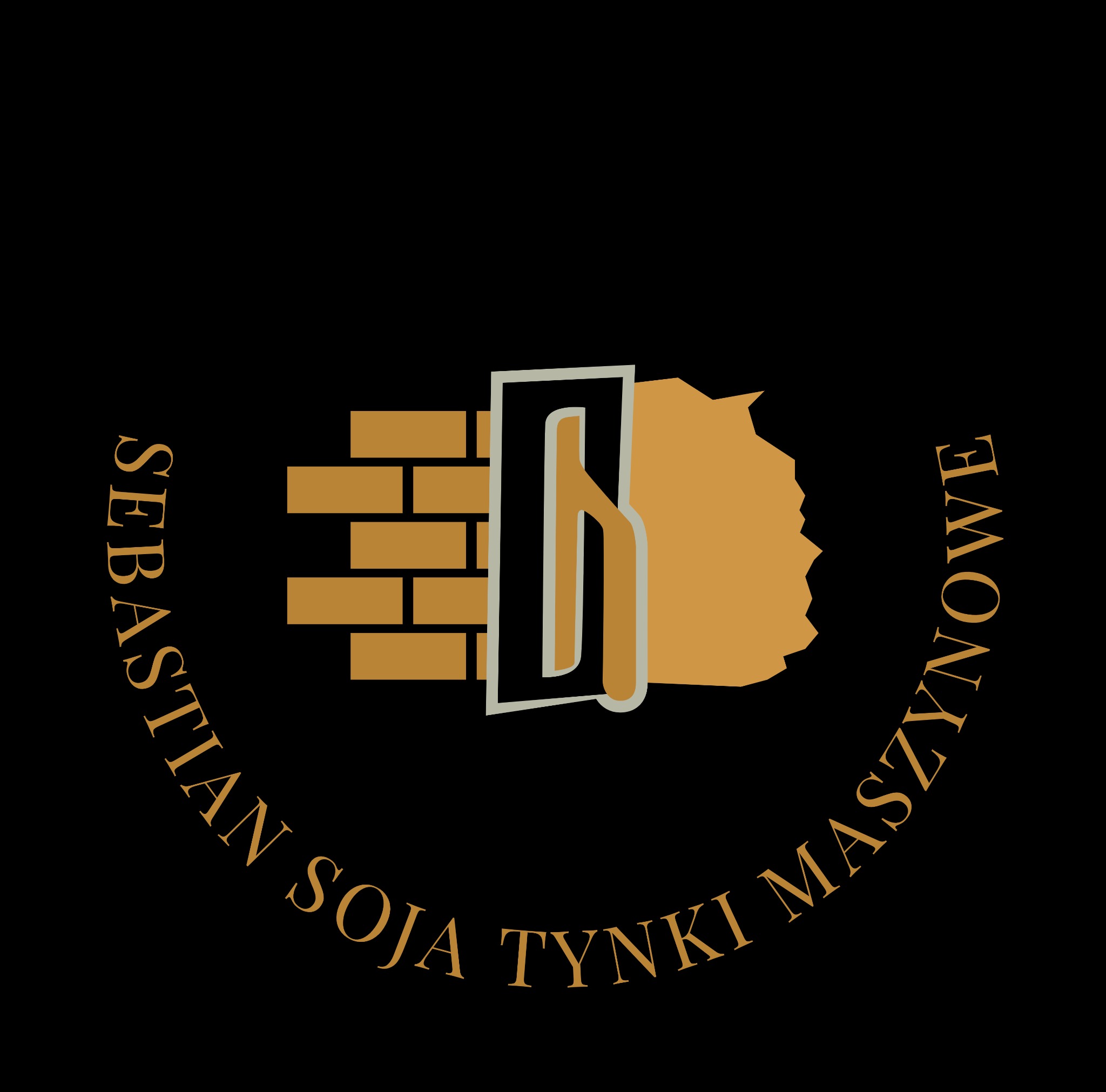 Logo firmy budowlanej: ceglana ściana, kielnia, fragment otynkowanej ściany i napis 'Sebastian Soja Tynki Maszynowe' na czarnym tle.