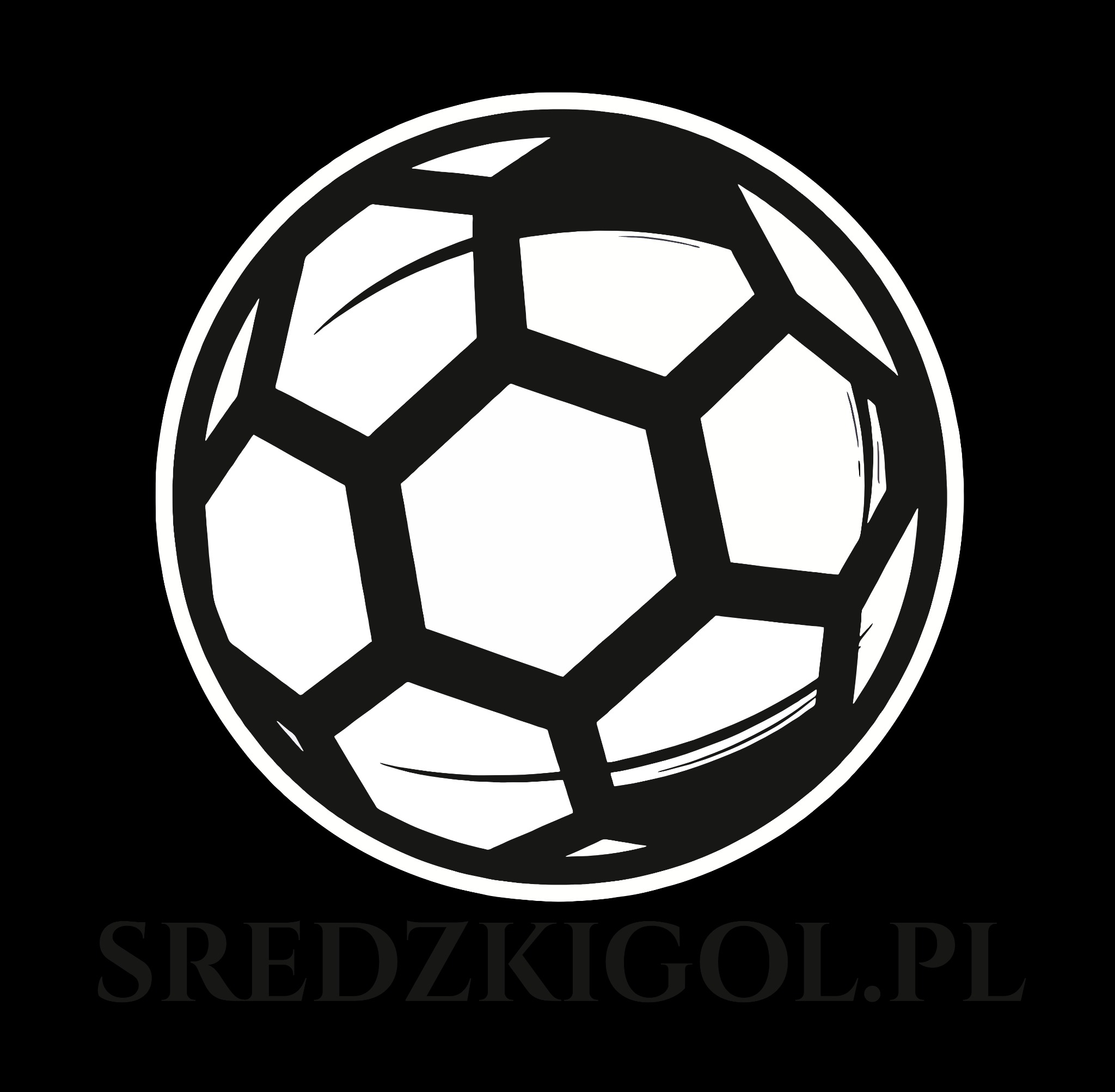 Czarno-białe logo przedstawiające piłkę nożną z adresem strony internetowej sredzkigol.pl u dołu.