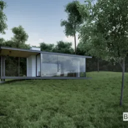 Wizualizacja nowoczesnej, przeszklonej altany ogrodowej na wzgórzu, otoczonej zielenią, z widocznym logo B ELEMENT w prawym dolnym rogu.