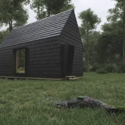 Czarny, nowoczesny domek letniskowy z dachem krytym gontem bitumicznym, usytuowany na zalesionej działce z widocznym pniem drzewa porośniętym mchem na pierwszym planie.