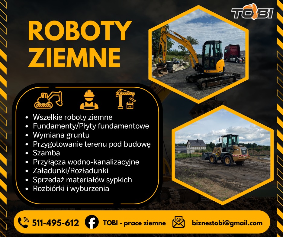 Żółto-czarny baner reklamowy firmy TOBI oferującej roboty ziemne. Na banerze zdjęcia koparki i ładowarki oraz lista usług: fundamenty, wymiana gruntu, przyłącza wod-kan.