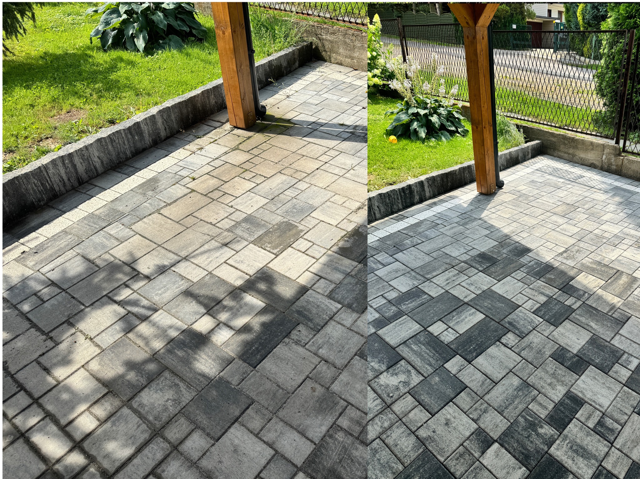 Porównanie stanu kostki brukowej przed i po czyszczeniu, widoczna różnica w kolorze i czystości, z elementami architektury ogrodowej w tle.