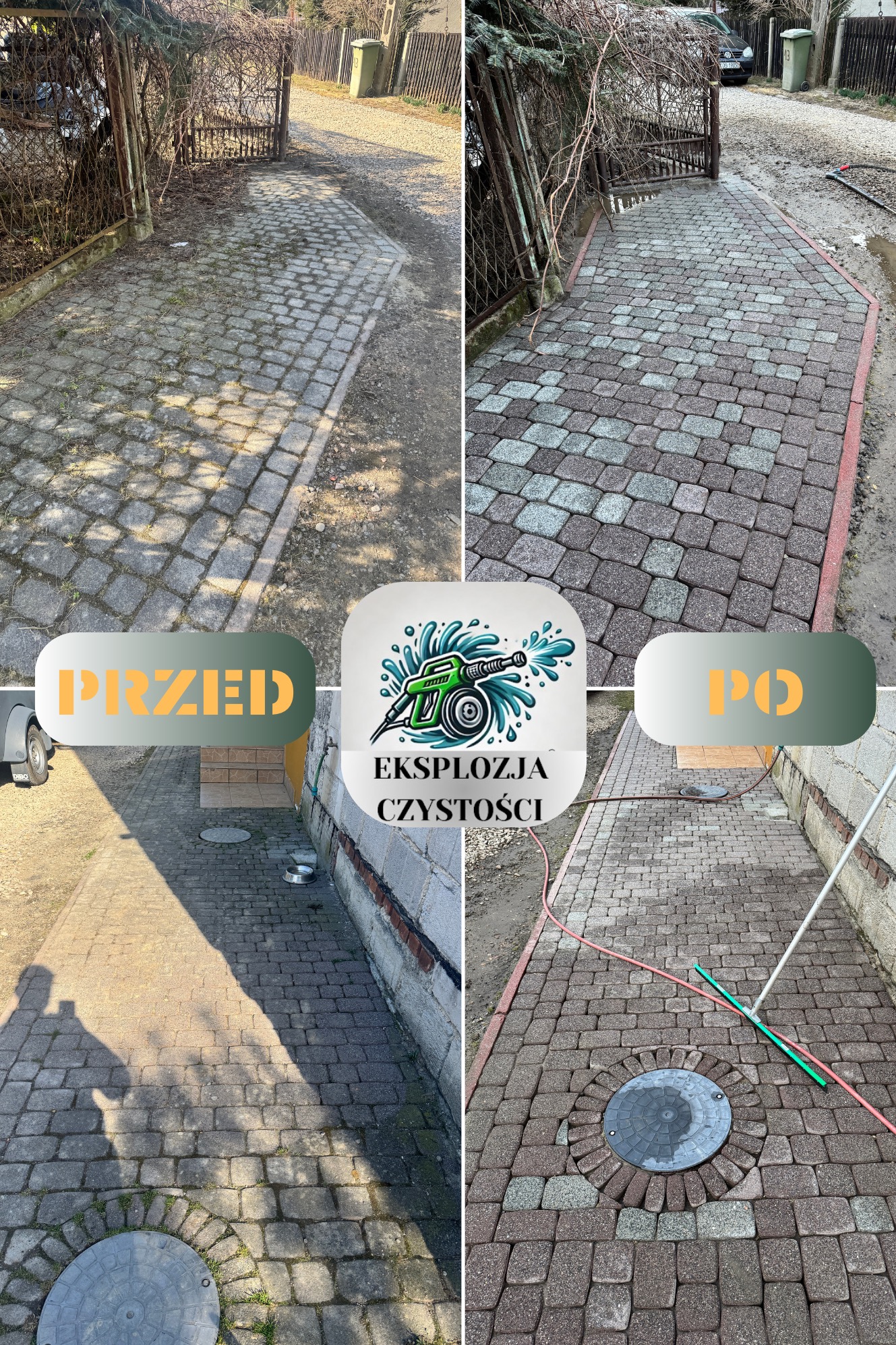 Porównanie kostki brukowej przed i po czyszczeniu, widoczne różnice w kolorze i usunięty brud, z nakładką graficzną 'Eksplozja Czystości'.