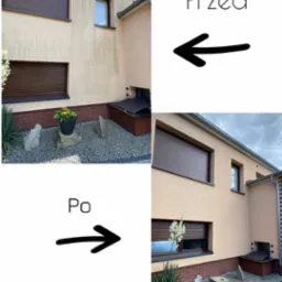 Porównanie stanu elewacji budynku przed i po czyszczeniu, z widoczną różnicą w czystości i usunięciu zabrudzeń na ścianie oraz kostce brukowej wokół domu, z brązowymi roletami okiennymi.