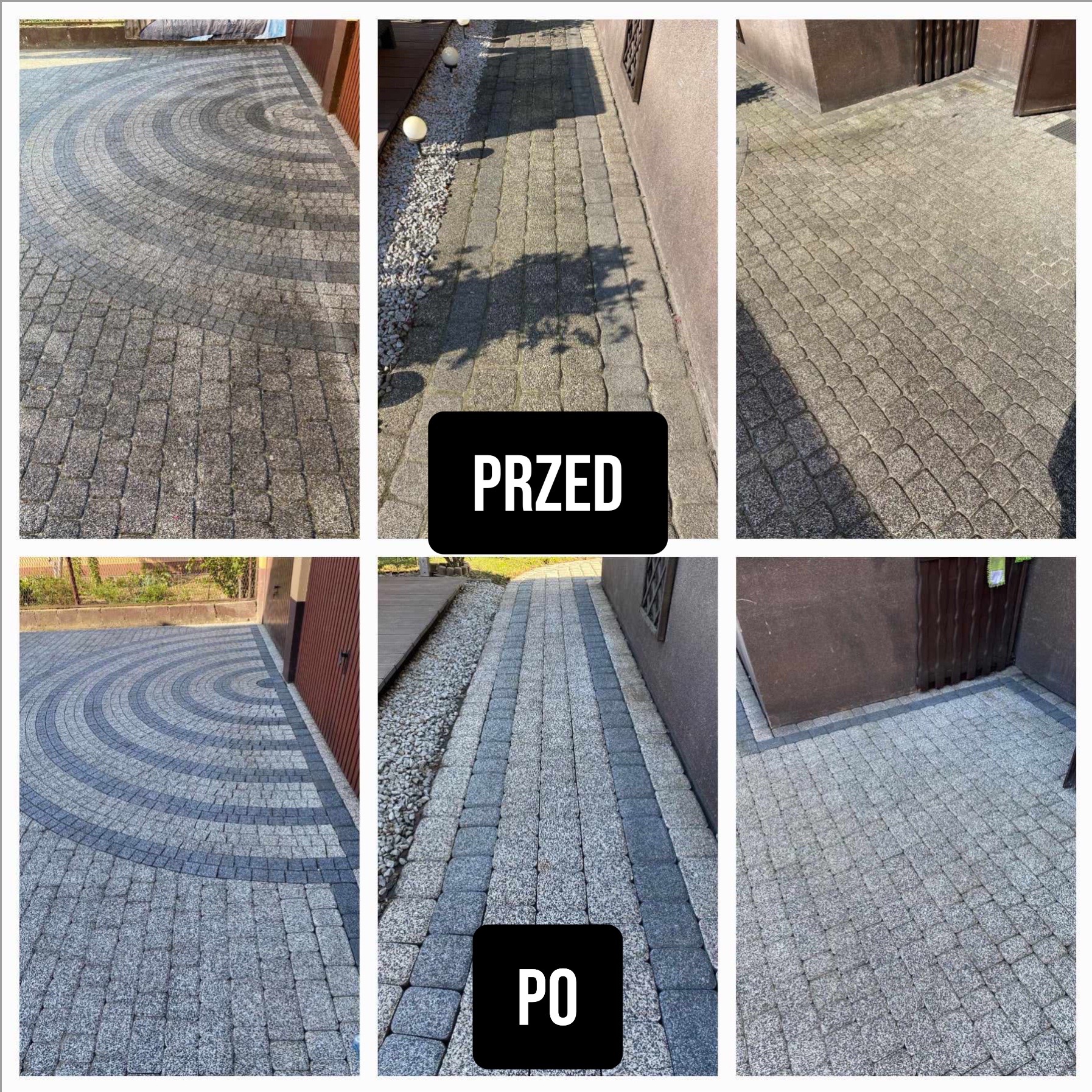 Kompozycja sześciu kadrów prezentuje metamorfozę nawierzchni z kostki brukowej: trzy ujęcia 'przed' ukazują zabrudzoną, szarą kostkę, a trzy 'po' prezentują odświeżoną, czystą powierzchnię...