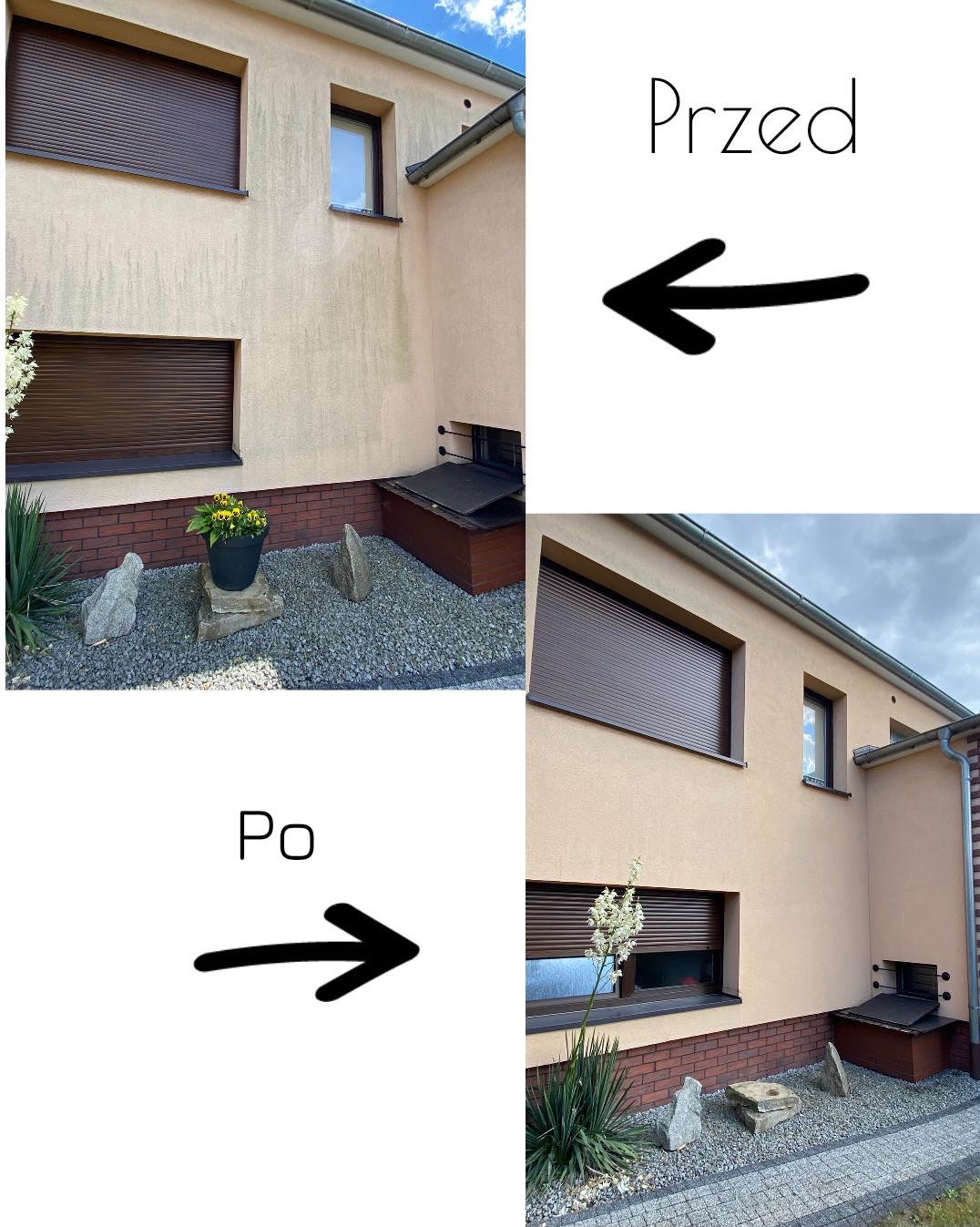 Porównanie stanu elewacji budynku przed i po czyszczeniu, z widoczną różnicą w czystości i usunięciu zabrudzeń na ścianie oraz kostce brukowej wokół domu, z brązowymi roletami okiennymi.