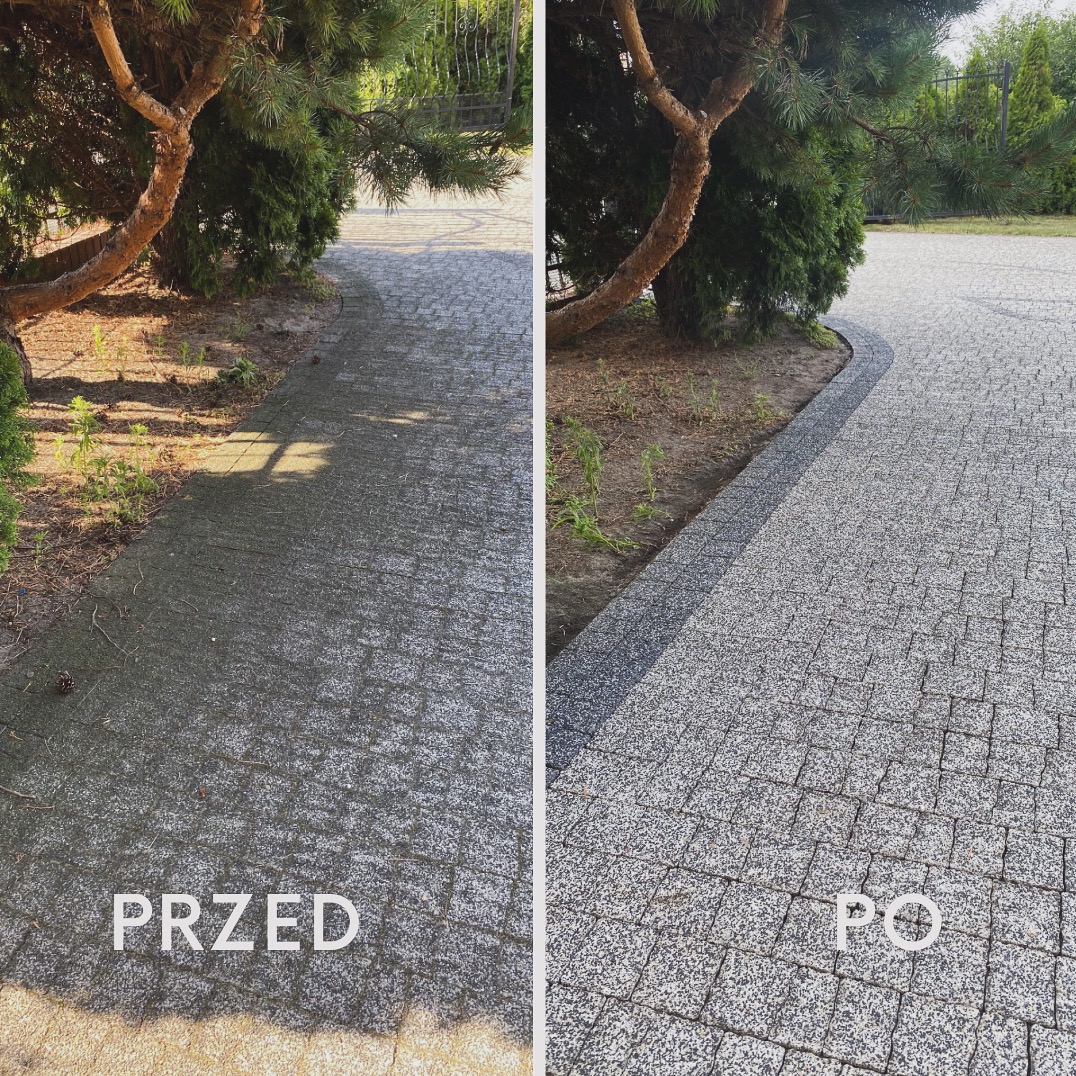 Porównanie stanu kostki brukowej przed i po czyszczeniu: po lewej stronie brudna i porośnięta mchem, po prawej czysta, z wyraźnym wzorem i kontrastującą obwódką.