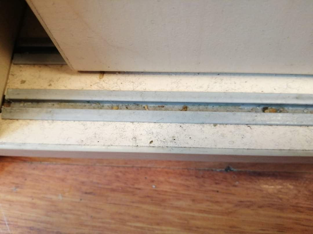 Brudna szyna drzwi przesuwnych z widocznymi okruchami, kurzem i innymi zabrudzeniami w zagłębieniu prowadnicy, na tle drewnianej podłogi.