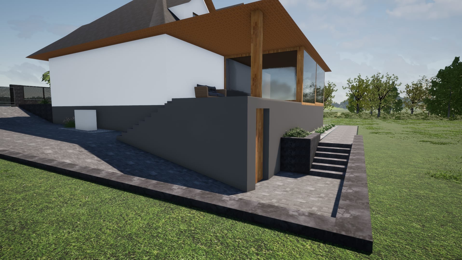 Wizualizacja nowoczesnego domu z szarą elewacją, drewnianymi elementami i dużymi przeszkleniami, otoczonego zielonym trawnikiem i drzewami, widok z boku.