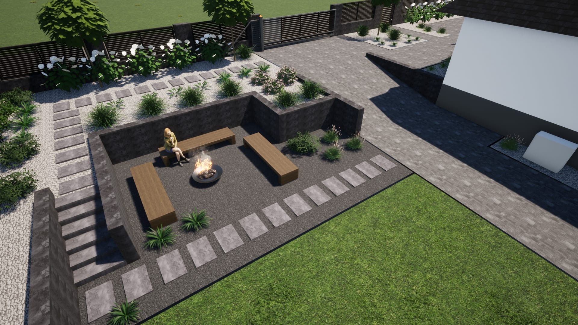 Projekt zagospodarowania przestrzeni przydomowej z paleniskiem otoczonym ławkami, ścieżką z płyt i ogrodzeniem panelowym w tle.