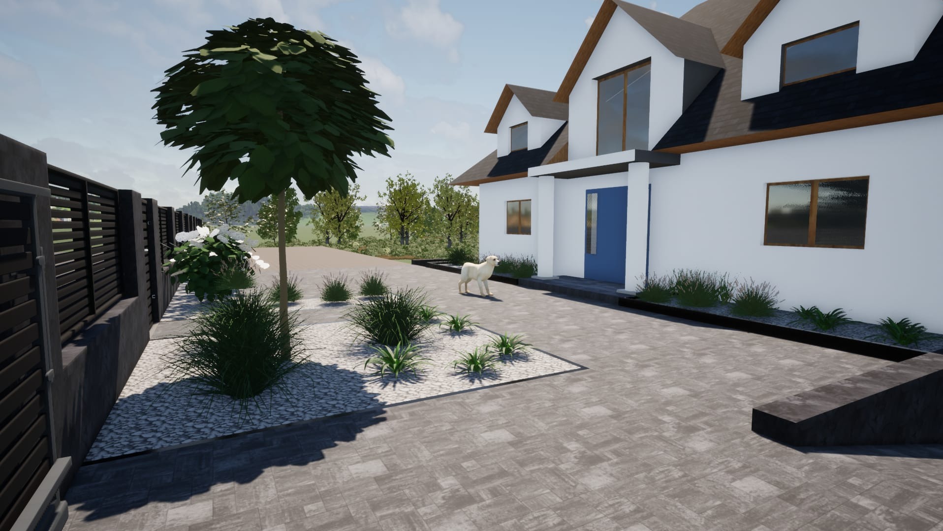 Wizualizacja nowoczesnego domu z ciemnym ogrodzeniem z poziomych desek, drzewem kulistym, białymi kwiatami i białym psem na podjeździe z szarej kostki.