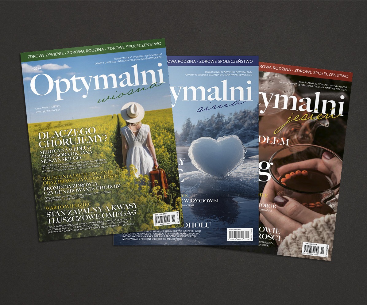 Trzy egzemplarze kwartalnika 'Optymalni', każdy z inną okładką: wiosenną z kobietą na polu rzepaku, zimową z lodowym sercem i jesienną z dłońmi trzymającymi szklankę z napojem.