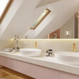 Jasna łazienka na poddaszu z dwoma białymi umywalkami nablatowymi i złotymi bateriami, oświetlona listwą LED nad blatem, z oknami dachowymi i lustrem z okrągłymi lampami.