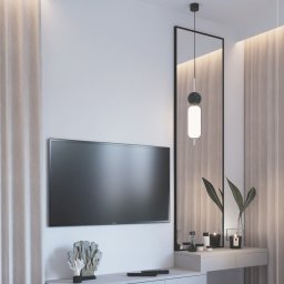 DSK Architecture & Design Pracownia Architektury, Projektowanie Wnętrz - Nowoczesna aranżacja wnętrza z telewizorem, toaletką z lustrem i dekoracyjnymi elementami, oświetlona ciepłym światłem. Minimalistyczny design w jasnych barwach.