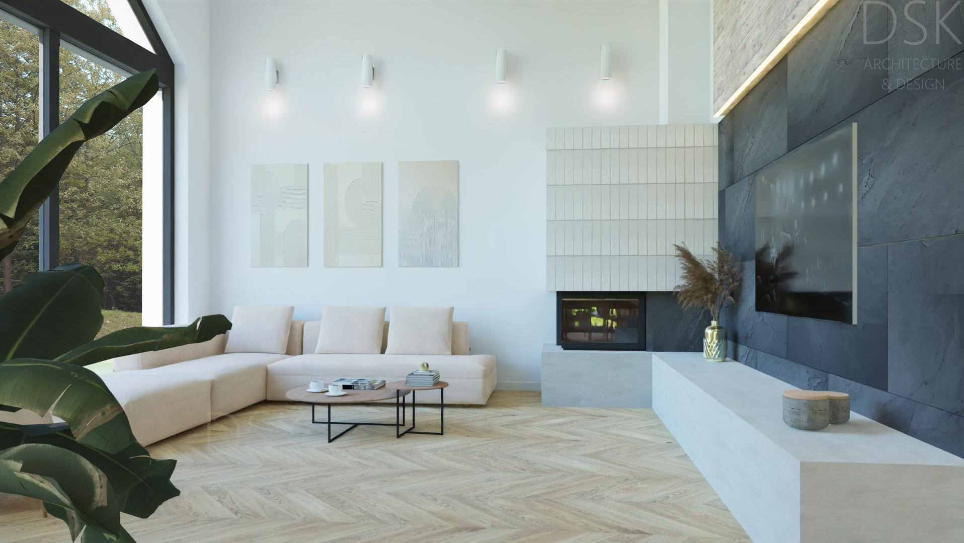 Jasny salon z parkietem w jodełkę, beżową sofą narożną, minimalistycznym kominkiem z szarym obramowaniem i dekoracjami ściennymi, oświetlony trzema kinkietami, z widokiem na zieleń za oknem.