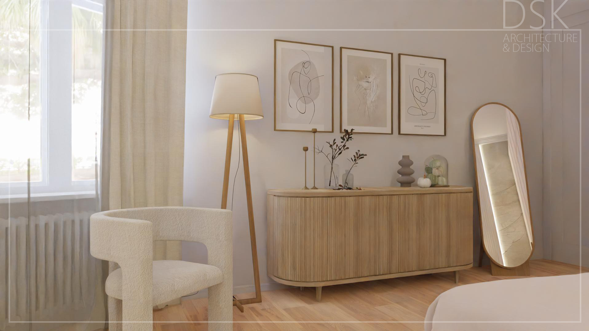 Jasne wnętrze sypialni w stylu minimalistycznym z drewnianą komodą, lustrem w złotej ramie, krzesłem boucle i trzema abstrakcyjnymi grafikami na ścianie.
