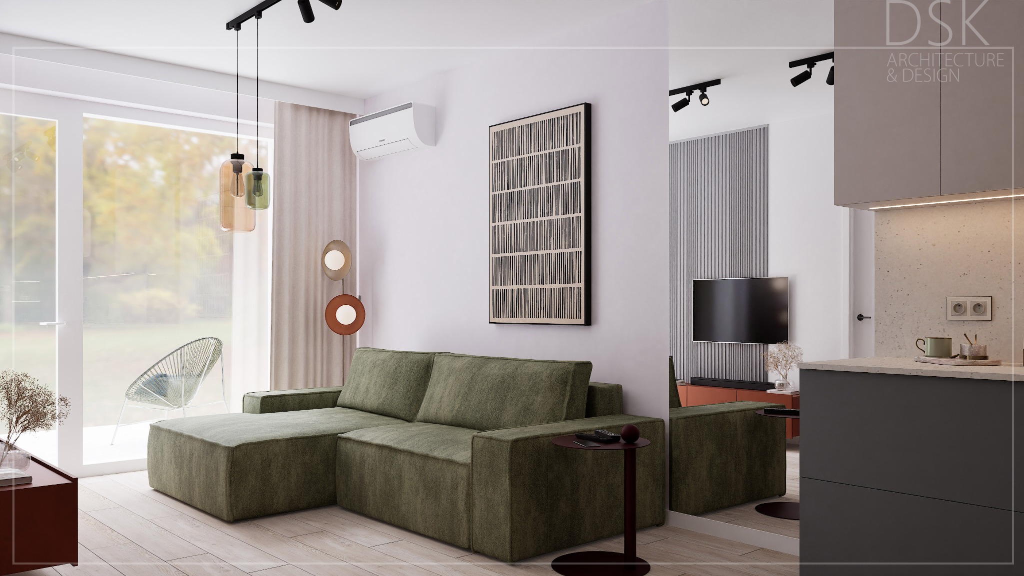 Nowoczesny salon z zieloną sofą modułową, drewnianą podłogą i minimalistycznym oświetleniem. Widok na ogród przez duże okno. Elementy dekoracyjne w stylu skandynawskim.