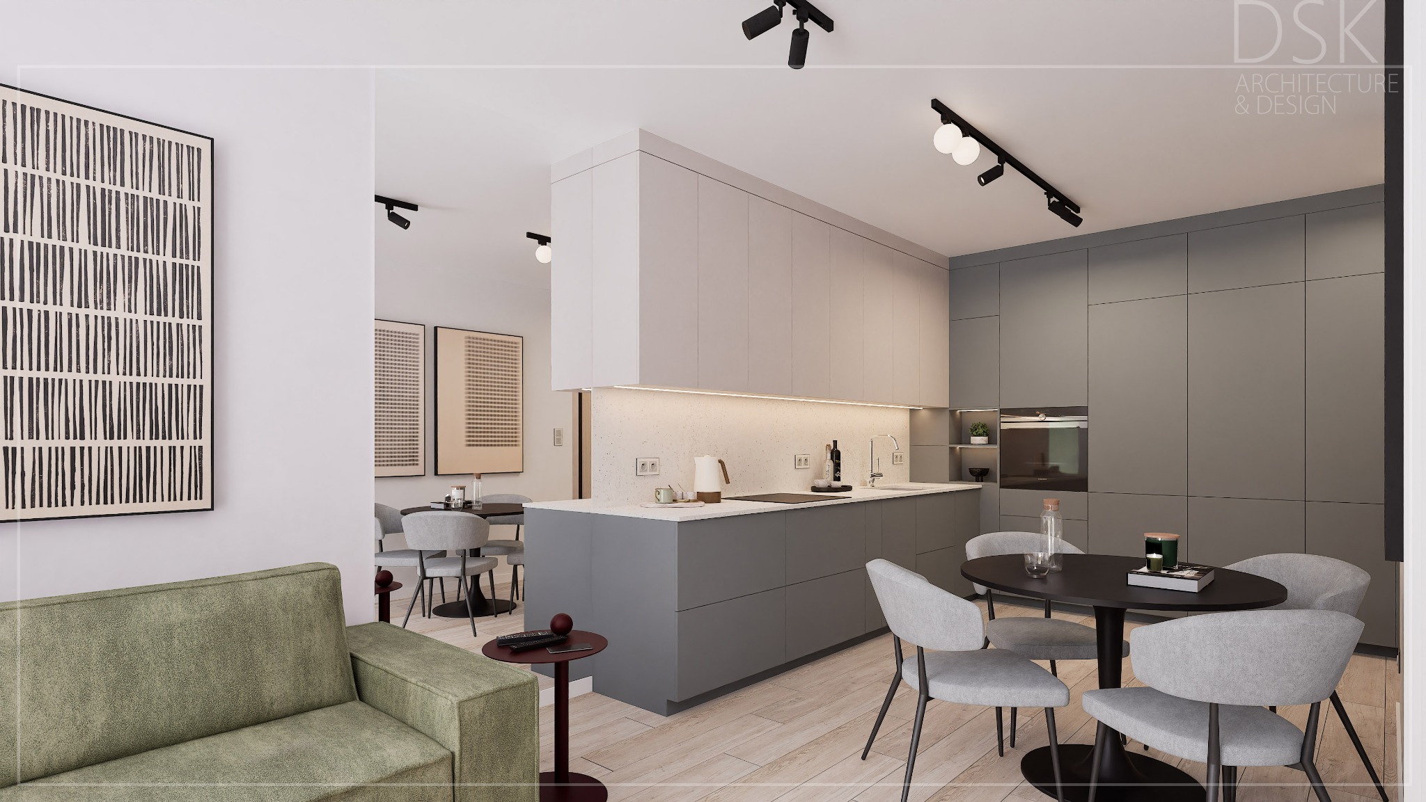 Nowoczesne wnętrze: szara kuchnia z wyspą, okrągły stół z krzesłami, zielona sofa i abstrakcyjny obraz na ścianie. Minimalistyczny design z oświetleniem punktowym.