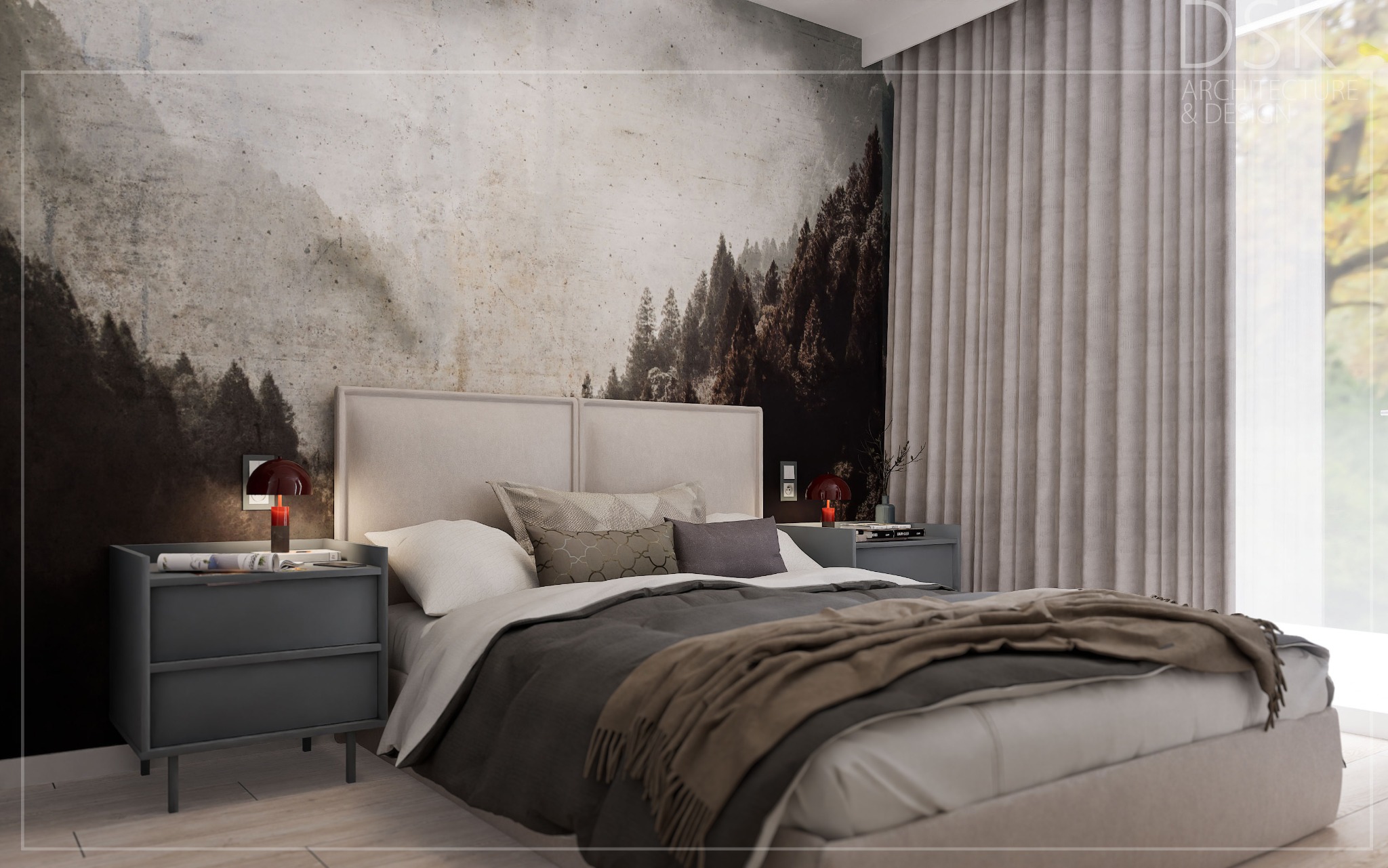Nowoczesna sypialnia z łóżkiem, szarą pościelą i szafkami nocnymi. Na ścianie fototapeta z motywem górskiego lasu. Stonowana kolorystyka, minimalistyczny design.