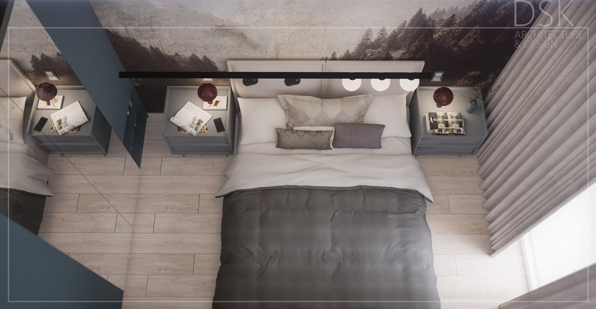 Wizualizacja sypialni z łóżkiem, szafkami nocnymi i tapetą z motywem lasu, widok z góry. Projekt DSK Architecture & Design.