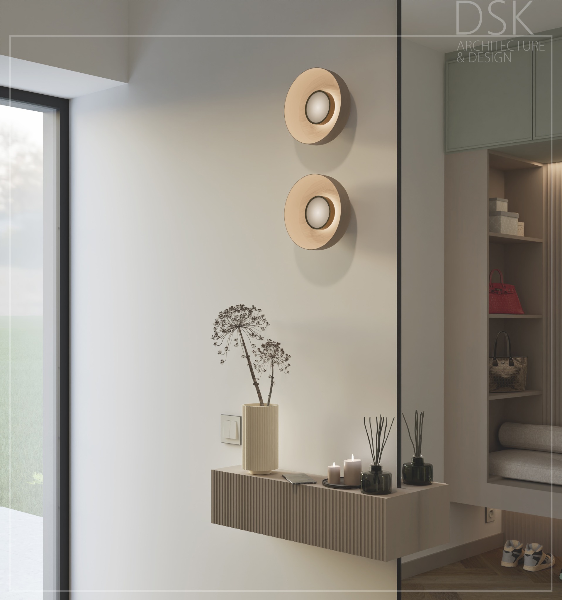 Minimalistyczny przedpokój z dekoracyjną konsolą, okrągłymi lampami i szafą wnękową. Stonowana kolorystyka, naturalne materiały, subtelne oświetlenie.