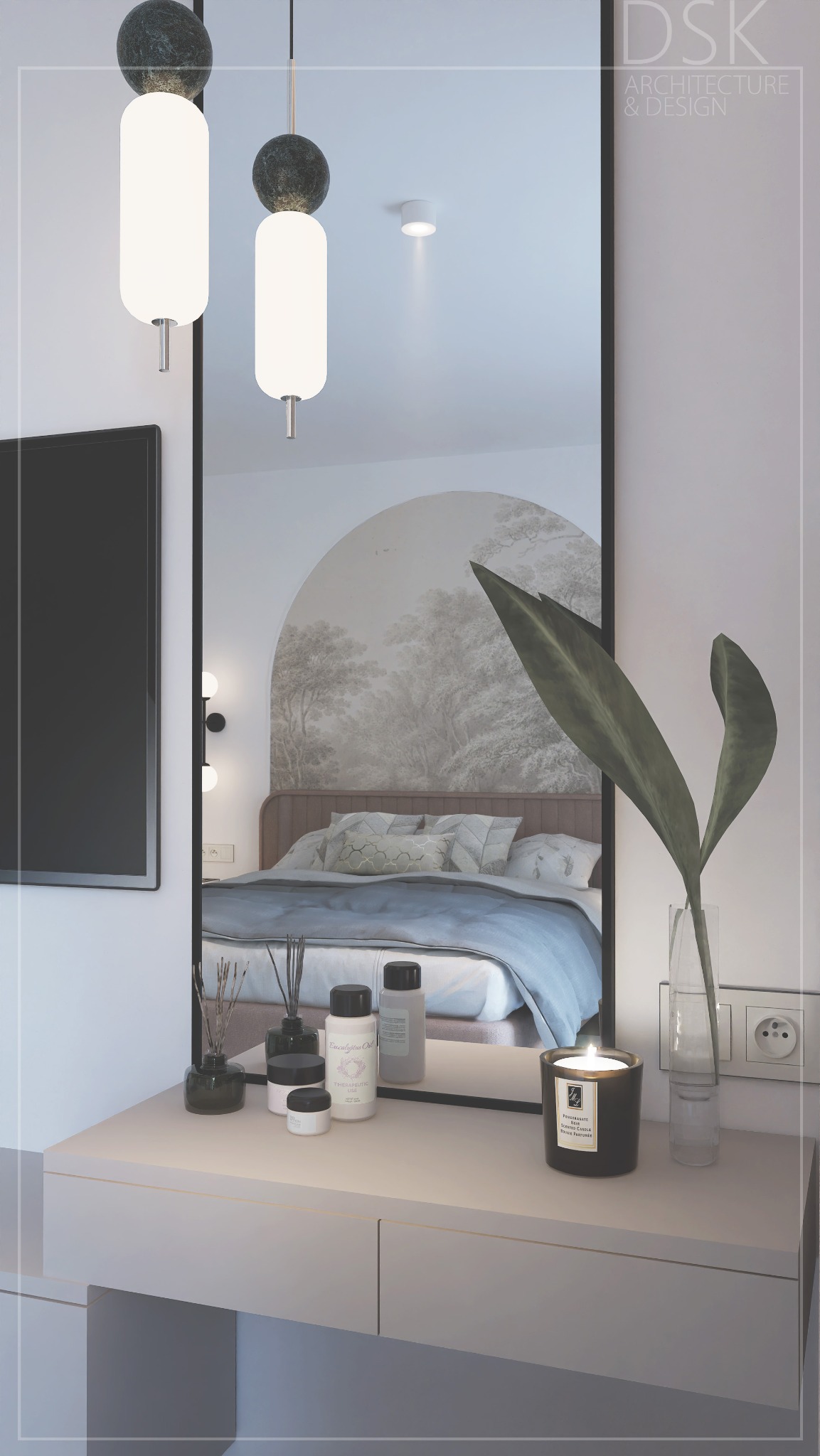 Stylowa toaletka z lustrem odbijającym sypialnię z tapetą w leśny motyw. Nowoczesne lampy wiszące i minimalistyczne dodatki tworzą spójną całość.