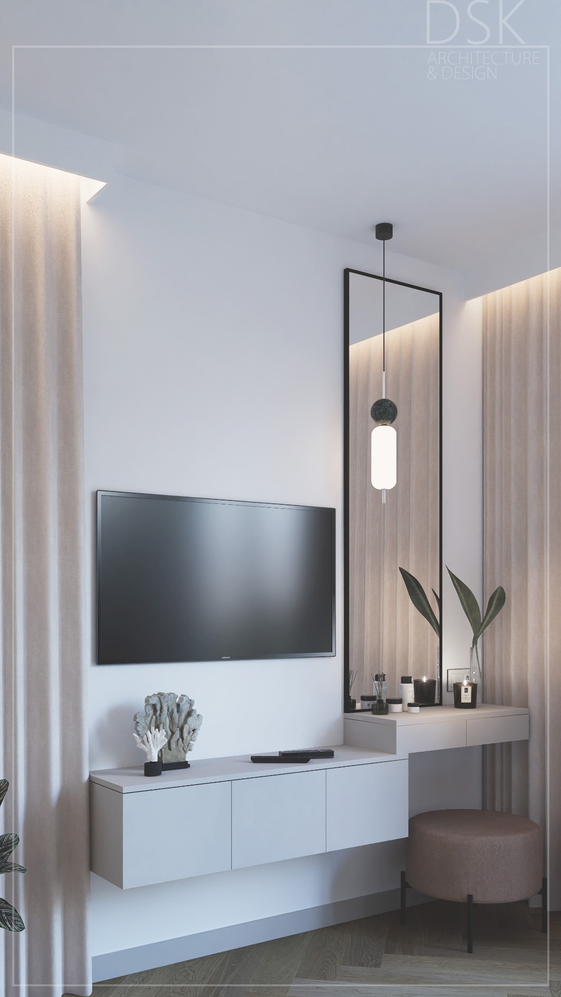 Nowoczesna aranżacja wnętrza z telewizorem, toaletką z lustrem i dekoracyjnymi elementami, oświetlona ciepłym światłem. Minimalistyczny design w jasnych barwach.