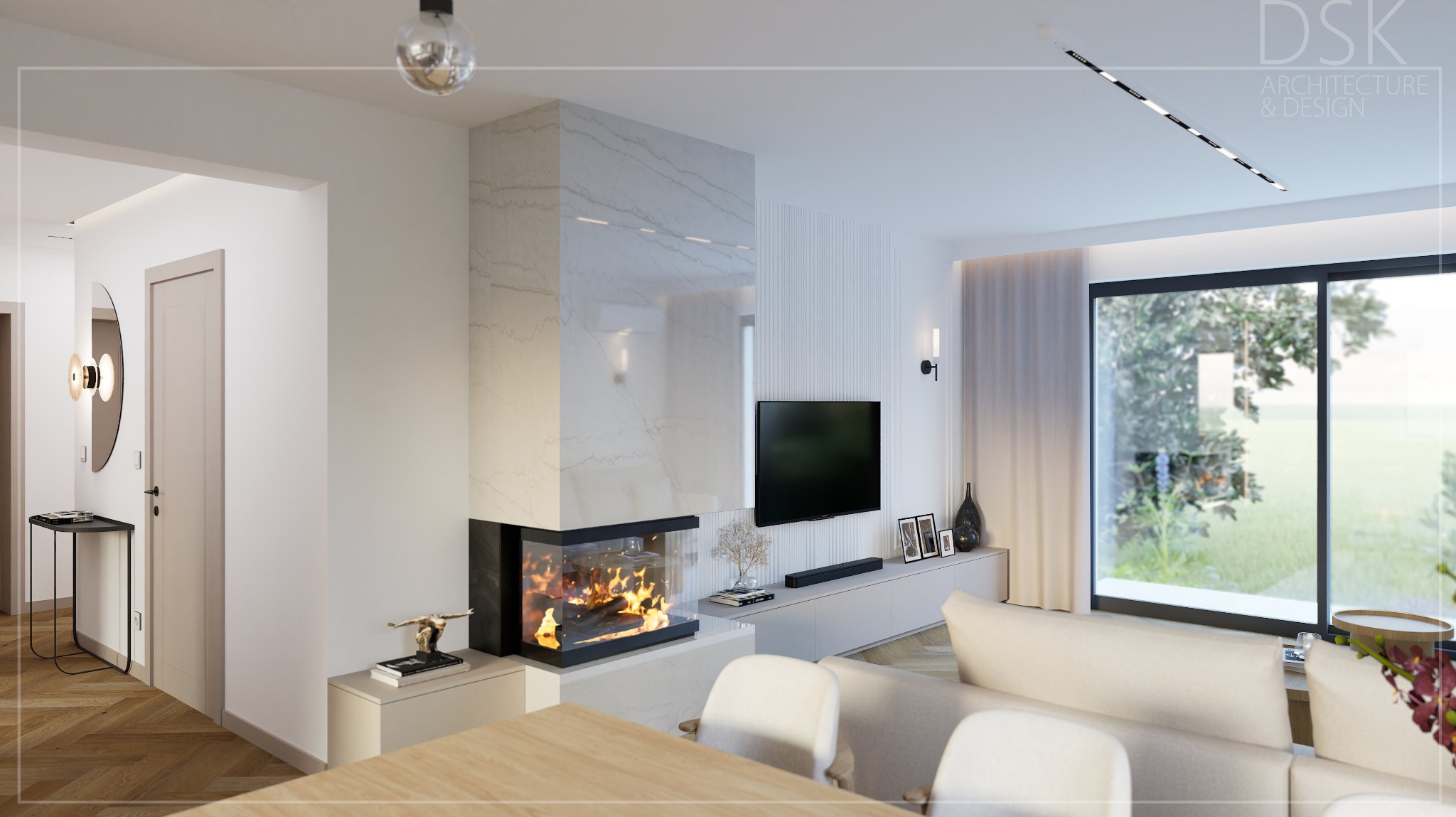 Nowoczesny salon z marmurowym kominkiem narożnym, telewizorem i dużym oknem z widokiem na zieleń. Jasne kolory, minimalistyczny design, drewniany parkiet i designerskie oświetlenie.