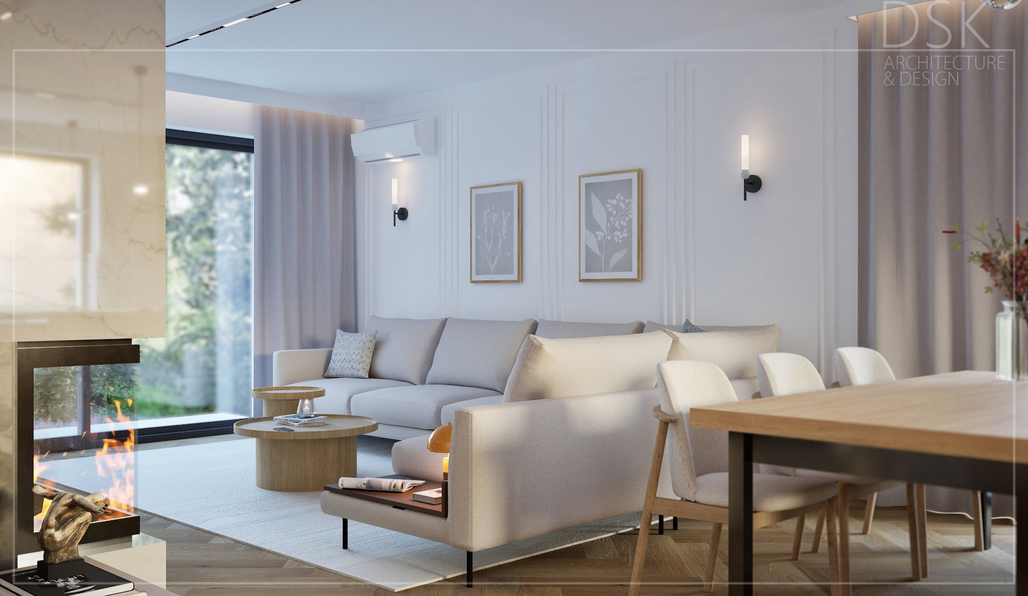 Jasne wnętrze salonu z kominkiem, sofą i stołem jadalnym. Minimalistyczny design, stonowana kolorystyka, naturalne światło. Widoczny detal: płomień w kominku.