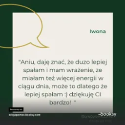 Referencja od Iwony: Poprawa snu i więcej energii po skorzystaniu z usług, z rezerwacją na drogapomoc.booksy.com i podpisem @gregorowicz.ania droga po moc.