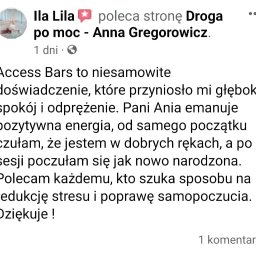 Droga po moc - Zrzut ekranu z rekomendacją usługi 'Access Bars' od użytkowniczki 'Ila Lila', opisującej pozytywne doświadczenia i głęboki relaks.