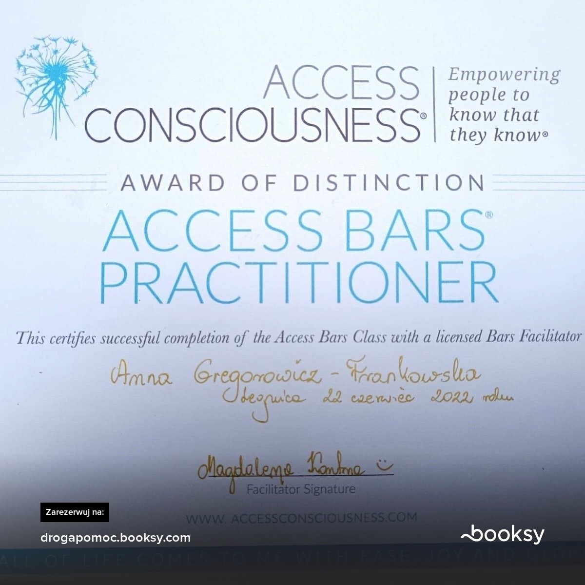 Certyfikat ukończenia kursu Access Bars Practitioner z podpisami i datą, wydany przez Access Consciousness.