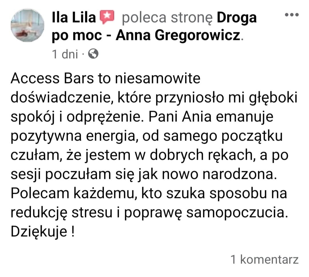 Zrzut ekranu z rekomendacją usługi 'Access Bars' od użytkowniczki 'Ila Lila', opisującej pozytywne doświadczenia i głęboki relaks.