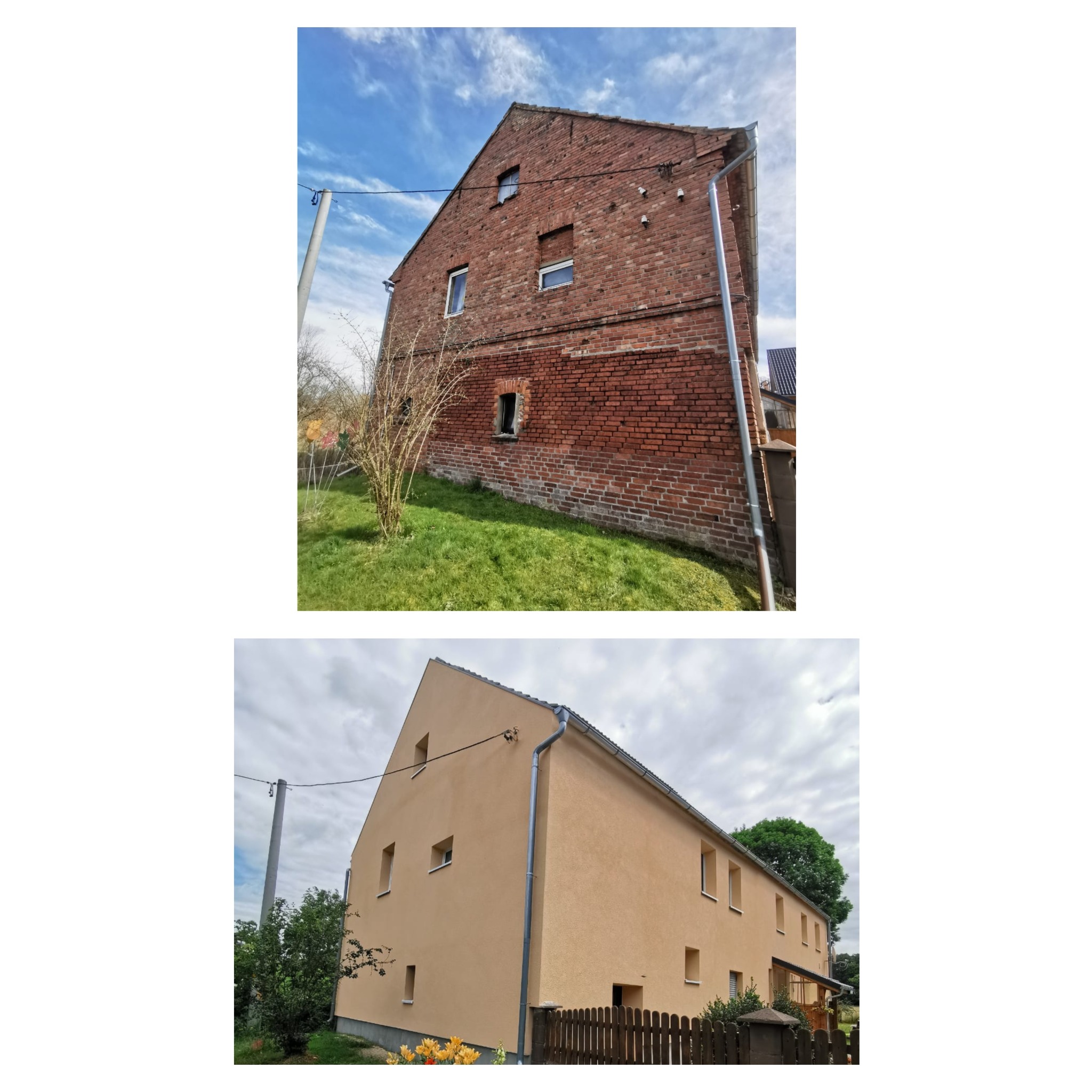 Zdjęcie przedstawia budynek przed i po dociepleniu. Górna część ukazuje starą, ceglaną elewację z widocznymi ubytkami i zniszczeniami. Dolna część prezentuje budynek po wykonaniu prac, z nową...