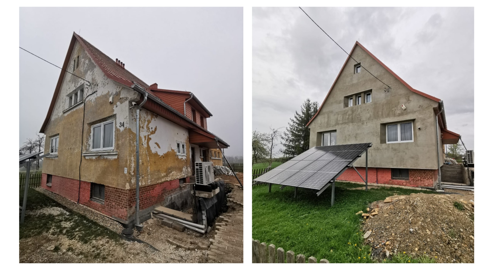 Porównanie stanu elewacji budynku przed i po nałożeniu tynku, widoczne panele fotowoltaiczne i jednostka klimatyzacji.