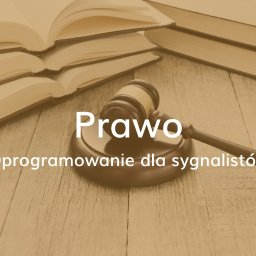 INIGRA SPÓŁKA Z OGRANICZONĄ ODPOWIEDZIALNOŚCIĄ - Drewniany stół z ułożonymi książkami i sędziowskim młotkiem; na pierwszym planie napis 'Prawo' i 'Oprogramowanie dla sygnalistów'.