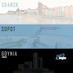 Graficzna wizualizacja Trójmiasta: Gdańsk z budynkami nad Motławą, Sopot z molo, Gdynia z nowoczesną architekturą oraz logo Netlogic.