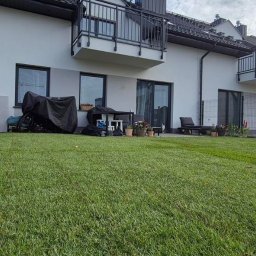 SpecGreen - Zadbany trawnik przed szeregiem domów z balkonami, oddzielony od rabaty z kamykami siatką. Widoczne meble ogrodowe i rośliny w donicach na patio.