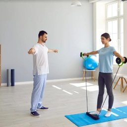 Skowron Med Inowrocław - Fizjoterapia - Rehabilitacja - Masaż - Kobieta ćwiczy z ekspanderem pod okiem mężczyzny w białym uniformie w jasnym pomieszczeniu z błękitną piłką do ćwiczeń w tle.