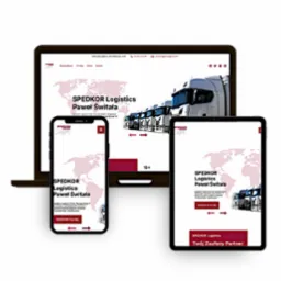 Responsywna strona internetowa firmy transportowej SPEDKOR Logistics wyświetlana na laptopie, tablecie i smartfonie, prezentująca spójny wygląd na różnych urządzeniach.