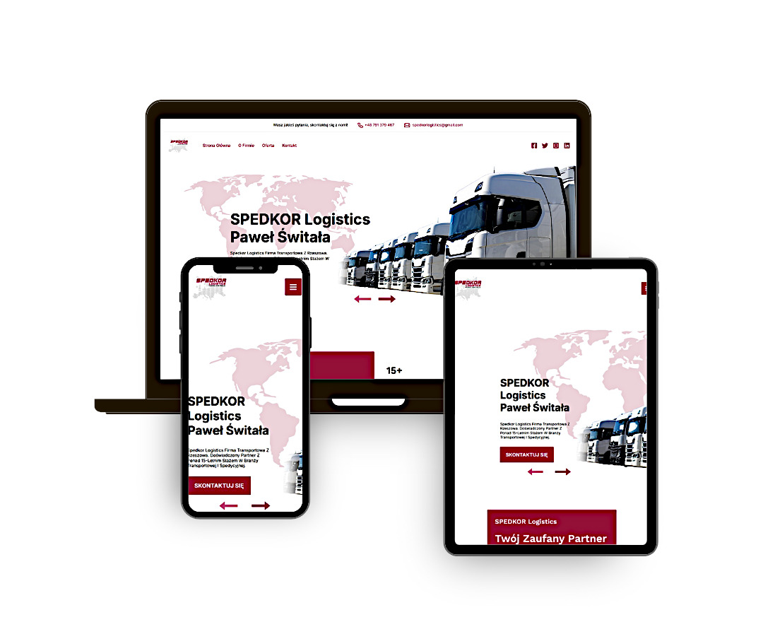 Responsywna strona internetowa firmy transportowej SPEDKOR Logistics wyświetlana na laptopie, tablecie i smartfonie, prezentująca spójny wygląd na różnych urządzeniach.