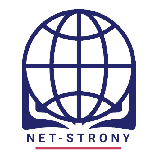 Granatowe logo firmy NET-STRONY z motywem stylizowanego globu ziemskiego opartego na prostokątnej podstawie, umieszczone na białym tle.